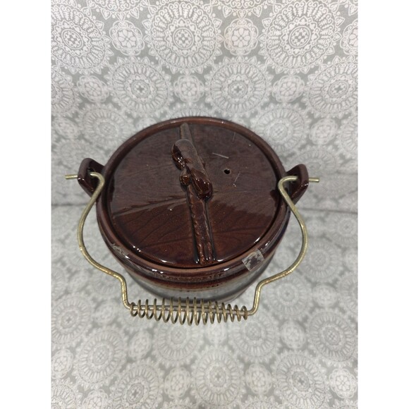 Vintage Brown Ceramic Cookies Jar Barrel with Metal Handle and Lid Marcrest Drip - Picture 2 of 8